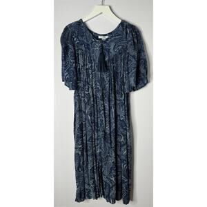 Go Softly Patio House MuMu Dress Sz M Full Zip Tassel Blue Paisley Pockets Rayon